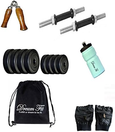 dreamfit 20 kg adjustable dumbell set with gym backpack, water sipper bottle and accessories