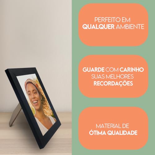 Kit com 4 Porta-Retratos com Moldura e Vidro para Fotos e Decoração (Preto, 10x15)