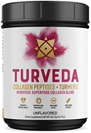 TURVEDA Turmeric Curcumin Infused Collagen Peptides | Ayurvedic Superfood | 11g Grass Fed Collagen Peptides Plus 250mg Curcumin from Organic Turmeric Per Serving |Keto, Paleo, Whole30 | 40 Servings