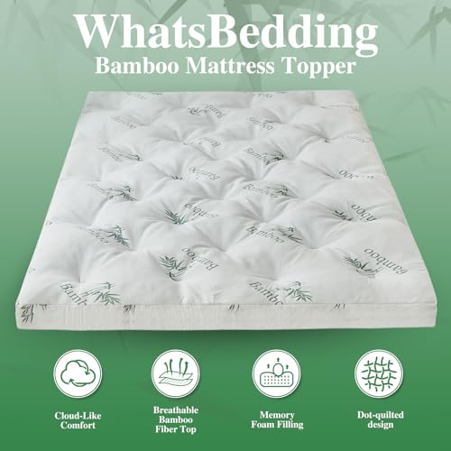 WhatsBedding 4 Inch Memory Foam Mattress Topper Queen for Back Pain Relief, Filled with Breathable Gel Memory Foam, Cooling Bamboo Viscose Air Layer, Supportive Pillow Top Mattress Topper