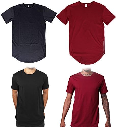 2 pack elongated Tee T Shirts Long Extended urban wear Hip Hop Zipper BLACK RED (Large - L - Mens)