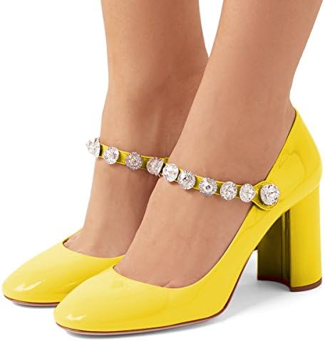 XYD Women Round Toe Marry Jane High Chunky Heel Pumps Buckled Rhinestone Studded Dress Shoes Size 9.5 Yellow