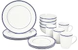 AmazonBasics 16-Piece Cafe Stripe Kitchen Dinnerware Set, Plates, Bowls, Mugs, Service for 4, Blue