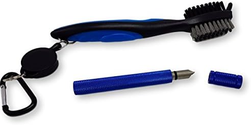Golf brush with groove cleaner tool for clubs, wire, carabiner with retractable line (Blue)