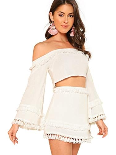 SheIn Women's Piece Outfit Fringe Trim Crop Top Skirt Set X