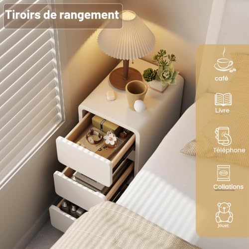 AQIMUELE Narrow Bedside Table, Wooden Bedside Table with 3 Drawers, 30W x 40D x 57H cm, without Installation, Leather Surface, Side Table for Bedroom, Living Room (White)