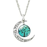 Jiayiqi Women Unique Design Carve Flower Crescent Moon Life Tree Glass Cabochon Pendant Chain Necklace