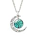 Jiayiqi Women Unique Design Carve Flower Crescent Moon Life Tree Glass Cabochon Pendant Chain Necklace