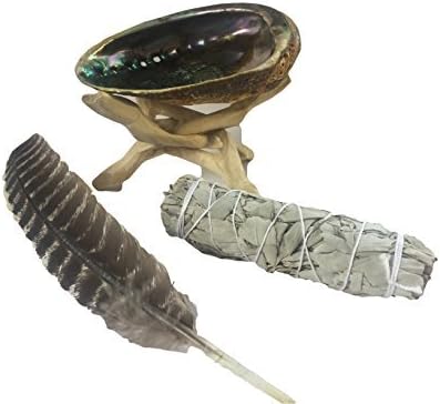 Plum Nellie Spiritual Smudging Kit with Abalone Shell, Wooden Tripod, White Sage Smudge Stick &amp; Feather