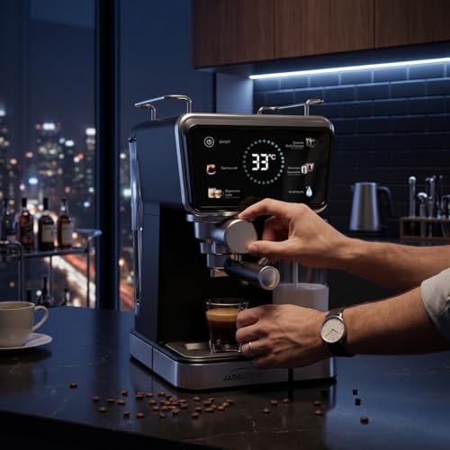 JadeCook Cafetera Espresso Retro Digital con Espumador de Leche, Pantalla Digital, Cappuccino, Latte, Americano, 1.5 lts, Panel Táctil, 20 bares de Presión con Bomba Italiana, Color Negro