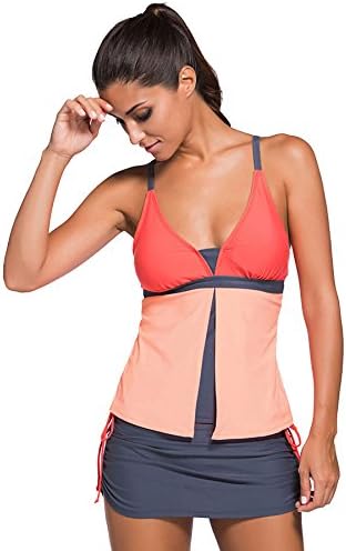 Milkuu Women's V Neck Color Block Two Piece Pantskirt Swimwear Set Tankini
