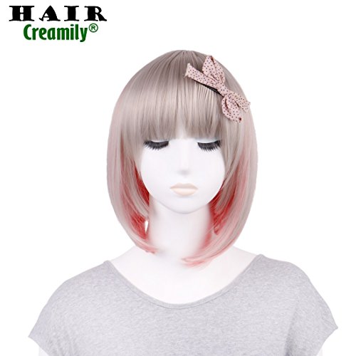 Creamily Lolita Sweet Short Bob Light Grey with Pink Cute Cosplay Wig