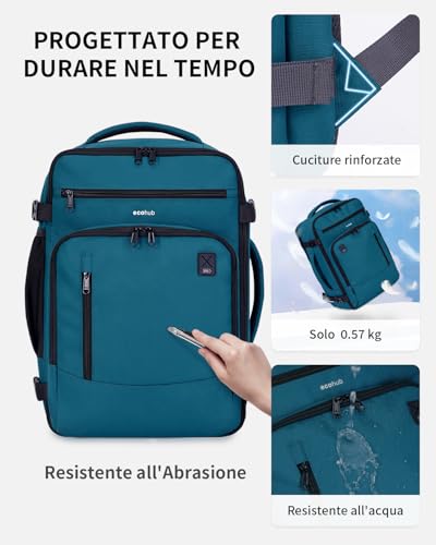 ECOHUB Ryanair Ryanair Backpack 40 x 20 x 25 cm Hand Luggage 40 x 20 x 25 cm Ryanair Travel Backpack Travel Bag Eco Friendly Tote Bag Recycled PET 20 Litres Patented Blue Green