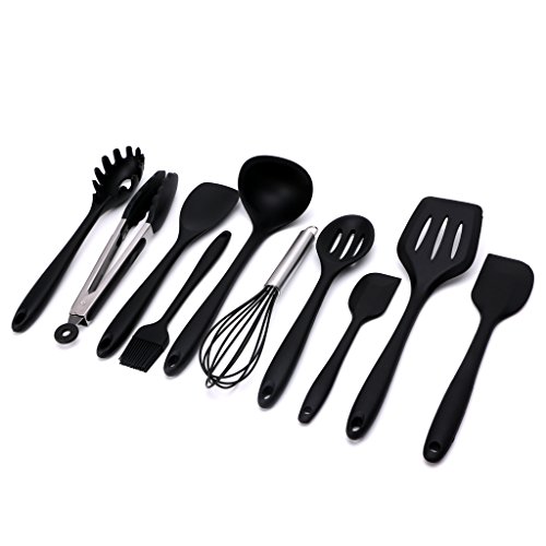10Pcs Heat Resitant Non-stick Silicone Kitchen Utensils Set Cooking Bake Tool (Black)