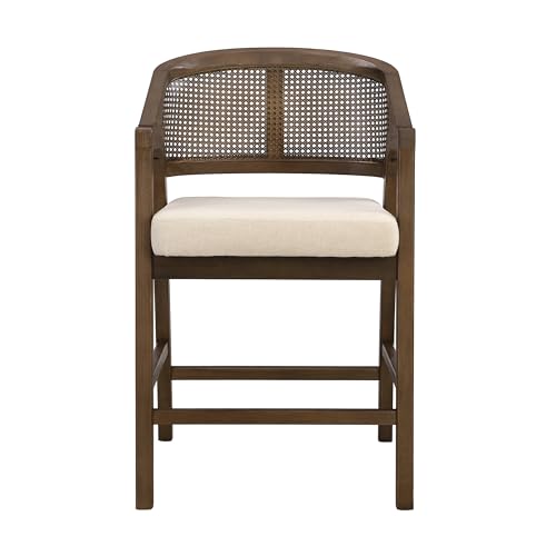 Merax Rattan Counter Height Bar Stools Set of 2, Wooden Frame Bar Chairs with Natural Rattan Woven Back, Modern Kitchen Island Chairs, Footrest for Kitchen, Dining Room, Beige/Walnut