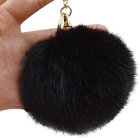 Fur Ball Pom Pom Keychain Golden Plated Keychain for Handbag Wallet Purse Car Key - Black