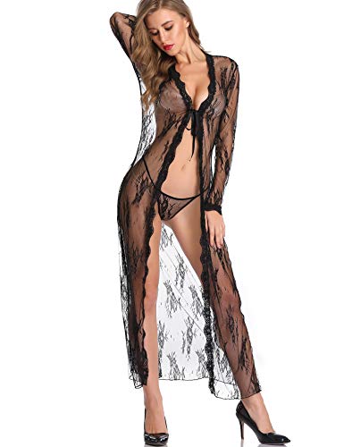 LALAVAVA Women Bride Robes Sexy Sheer Lingerie Lace Floral Kimono Long Bathrobe (65 Black, L)
