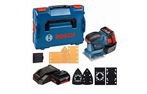 Bosch Professional 18V System Akku Schwingschleifer GSS 18V-10 (inkl. 2x 5.0Ah Akku + Ladegerät, 3x Schleifblatt G120, 3x Schleifplatte, 1x Stanzwerkz