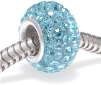 Sterling Silver Crystal Pave Bead -12x7.5mm- March Birthstone Aquamarine Color