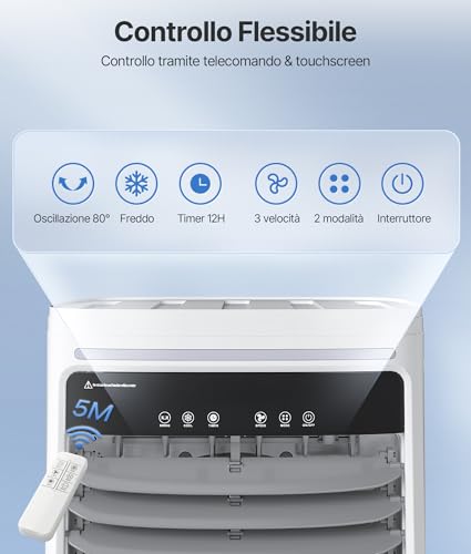 EXNOS Raffreddatore ad aria portatile con raffreddamento ad acqua – Ventilatore di utilizzo con serbatoio dell'acqua da 25 l, climatizzatore senza tubo di scarico, telecomando, timer 12H, Bianco