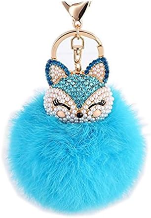 SBParts Lake Blue Fox Fur Pom Pom Keychain, Super Cute Fur Ball Key Ring with Fox Rhienstones Inlay Rabbit Fur Fox Keychain