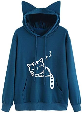 Cats Hoody Linqi1164 Women Long Sleeve Lovely Animals Print Pockets Shirts with Kangaroo Pockets Sweatshirt Hoodie Jumper Tops Blouse for Teens Girls