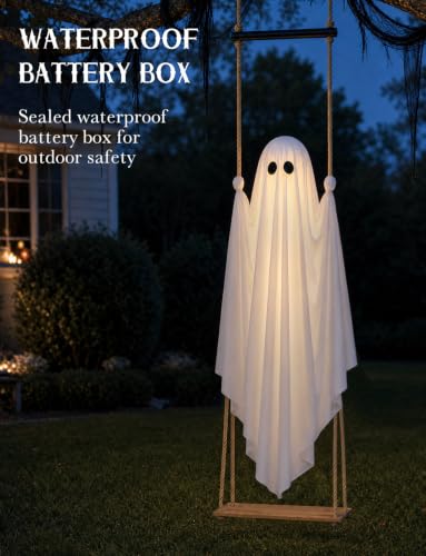 Joyehome Halloween Decorations Outdoor 4.6FT Pre-Assembled Hanging Swing Ghost with Remote Lights Spooky Hanging Ghosts for Porch Yard Tree Party