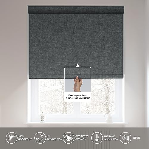 Boolegon Blackout Roller Shades for Windows,Cordless,Linen Fabric,Roller Blinds,Thermal Insulated Fabric UV Protection,Window Shades for Home,Door,Bedroom,Office,Blackout-Gray,Custom Size