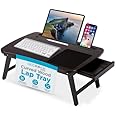 BIRDROCK HOME Curved Wood Lap Tray with Foldout Legs, Storage Drawer, Mouse Pad, Fits Laptops Up to 17", Tablet and Phone Slot, Laptop Table for Sitting or Standing, Work from Home - Walnut