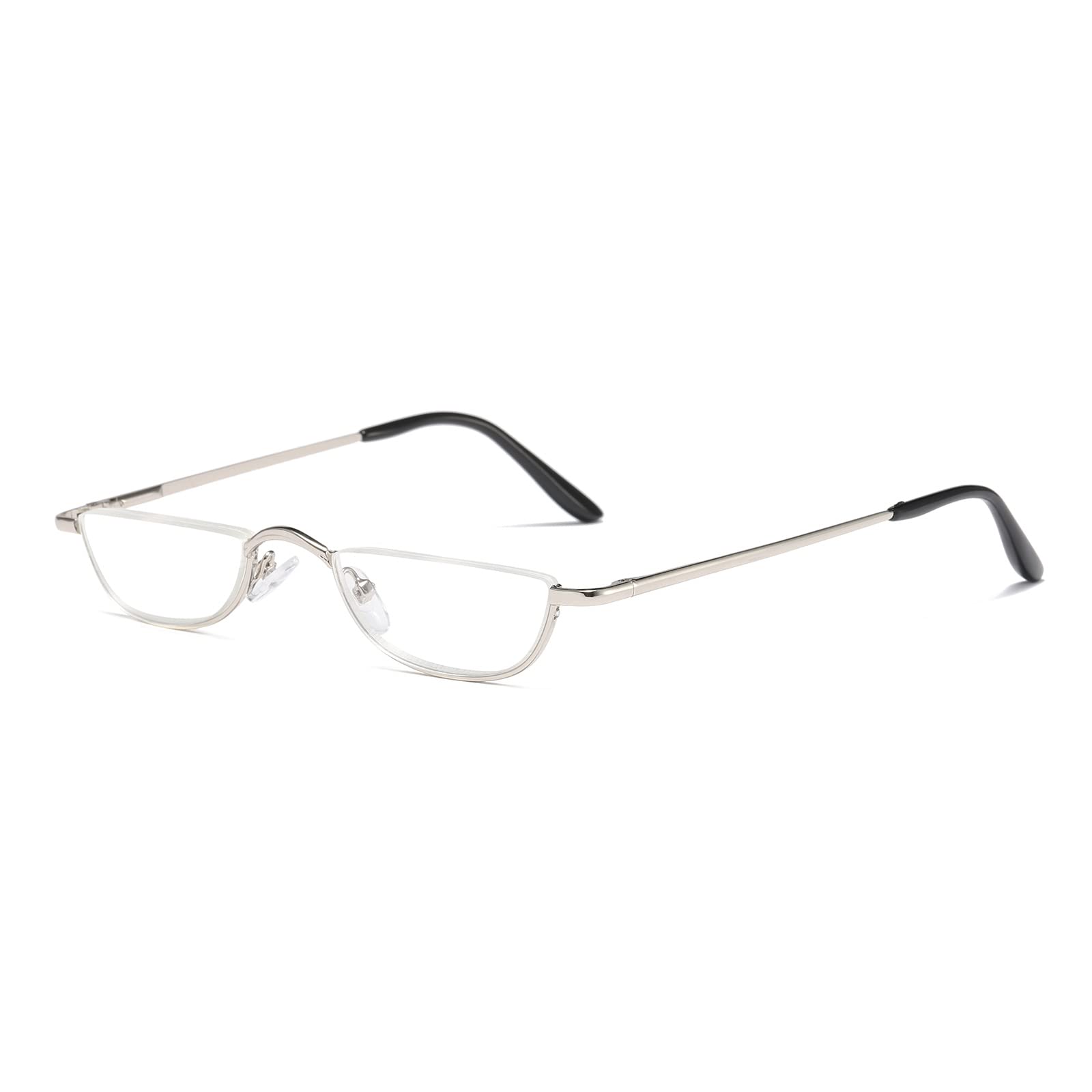 KoKoBin Half Frame Reading Glasses Spring Hinges for Men Women Slim Half Moon Lens Readers Metal Semi Rimless eyewear (Silver,1.0)