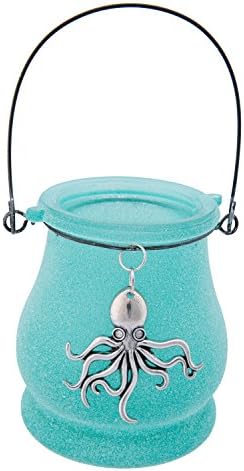 Blue Frosted Glass Candle Holder with Metal Wire Handle and Pewter Octopus Decoration