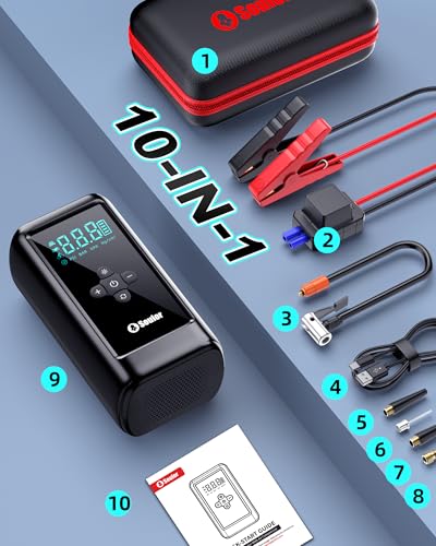 Car Battery Booster Jump Starter, 6000A Jump Starter with Air Compressor, Booster Pack with 160PSI Portable Tire Inflator (All Gas/14.0L Diesel), LED Light, EVA Case