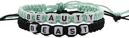 2 Pcs Couple Bracelets Beast and Beasuty Handmade Braided Jewelry Set (Green Beauty + Black Beast)