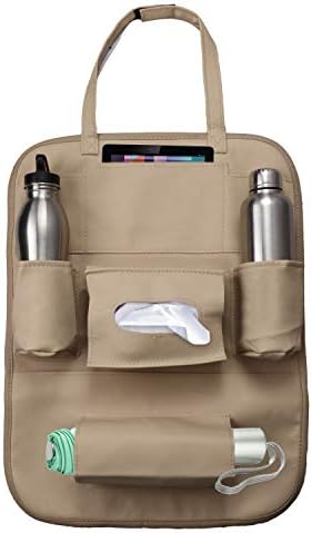 Pivalo PVLCOWPC PU Leather Car Auto Seat Back Multi Pocket Organizer with iPad Mini Holder Backseat Hanger Accessory (Beige)