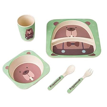 Abra-Cadabra Bamboo Fiber Eco-Friendly Kids Cutlery Tableware Feeding Set with Printed Plate, Spoon, Glass, Folk and Bowl, Green (Set of 5 Pcs)