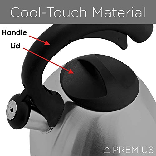 STAINLESS STEEL WHISTLING TEA KETTLE By Premius, Durable Construction And Elegant Design, Cool Touch Grip Handle And Lid, Pleasant Sounding Whistle, Stovetop Teakettle, 3.2 Quarts (Silver)