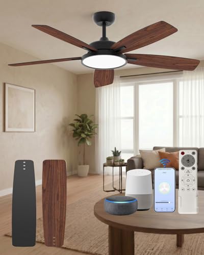 Roomratv Ventilador de techo inteligente de 52 pulgadas con luz regulable, silencioso, reversible, motor de CC, control remoto compatible con Alexa Google Home