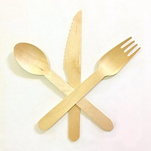 Disposable Wooden Cutlery Set | Eco Friendly, Biodegradable, Sustainable Utensils | Outdoor Dinnerware/Flatware Party Supplies | 6" 200 Pack - 100 Forks, 50 Knives, 50 Spoons, 100% Green Natural