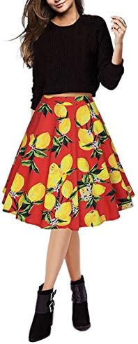 Women's Lemon Tree Print Pleated Midi Flared Skirts Red XL