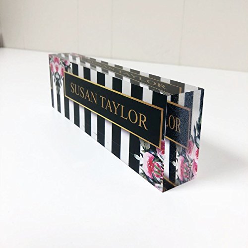 Artblox Office Desk Name Plate Personalized | Custom Name Plates for Desks on Acrylic Glass Decor | Office Desk Decor Nameplate | Desk Accessories | Stripes & Roses - (8"x2.5")