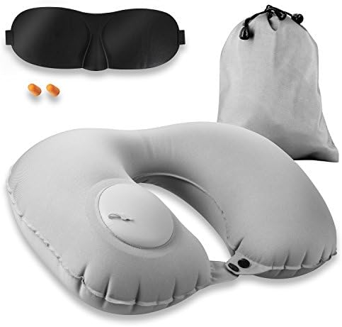 JUNING Inflatable Travel Pillow Foldable Airplane Travel Pillow U Shaped Neck Pillow, Portable for Car Trains Airplane Bus Camping Sleeping Home Office Napping with 3D Eye Mask and Earplugs by