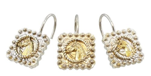 Decorative Horse Head Shower Curtain Hooks / Rings - 12 Pcs. / Gold Silver Western Concho