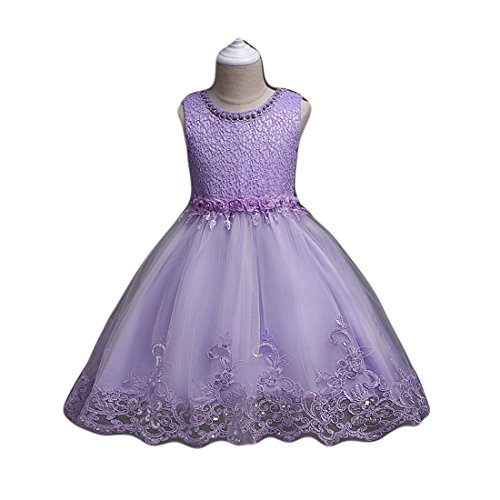 Flower Girl Dresses Purple Tulle Dress Bridal Wedding Party Ball Gown A-Line with Pearls Little Girl Princess Birthday Elegant Pageant Toddlers 3T Size 4 Knee Length (Purple 120)