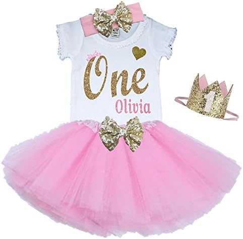 Bella Fashion Kidz Girl First Birthday Tutu Outfit Pink and Gold Personalized 1st Glitter Dress Set