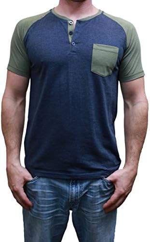 Short Sleeve Mens Raglan Henley TShirt w / Pocket, Olive Heather /Dark Navy Heather, Medium
