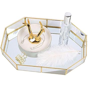 Yokay Mirror Gold Tray,Large Perfume Glass Tray Metal Makeup Decorative Tray Rectangle Mirrored Jewelry Tray Organizer for Vanity,Bathroom,Dressing Table(Polygon(Large))