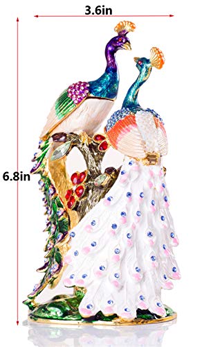 SEVENBEES Hand Painted Pair of Peacocks Figurine Enamel Hinged Jewelry Trinket Box