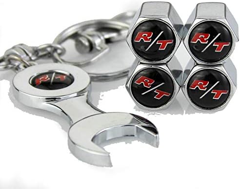 XuXuauto 4pcs R/T Emblem Car Tire Valve Caps + Wrench Keychain Keyring,Compatible with Dodge Challenger Charger Ram Avenge