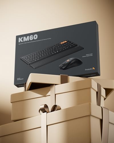 ProtoArc KM60 Rechargeable Wireless Keyboard Mouse Pack with Wrist Rest, Full Size, 2.4G + 2 x Bluetooth, for Laptop, PC, Mac, Windows, French AZERTY – Black