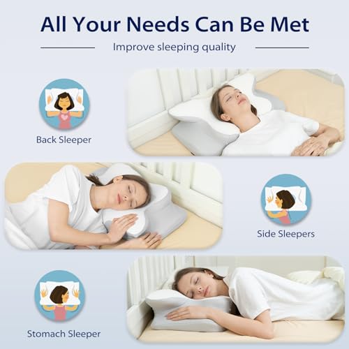 HOMCA Cervical Memory Foam Pillow, Ergonomic Pillow with Support for Neck and Shoulder, Pillows for Side and Back Sleeping, Grey